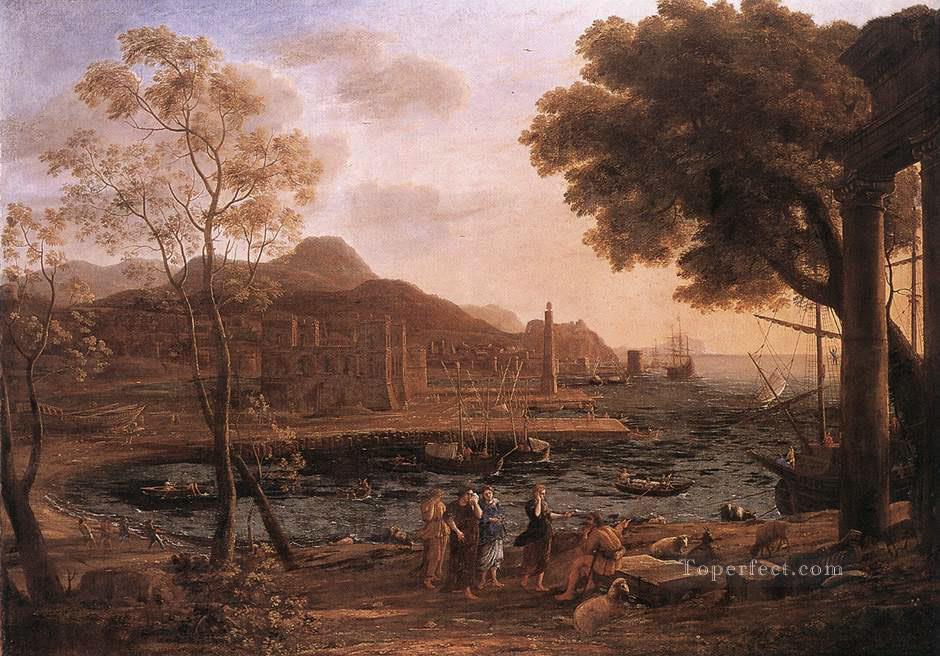 悲しみのヘリアデスの風景のある港の風景 クロード・ロラン・ビーチ油絵